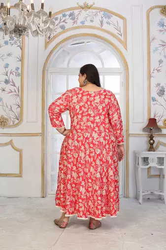 Red rayon embroidered printed plus size kurta for girls