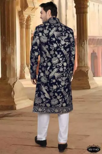 Men's blue  velvet  heavy thread and sequence embroidery embroidery all over  kurta set
