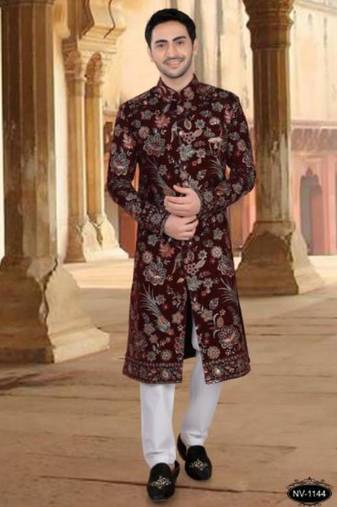 Men's maroon velvet  heavy thread and sequence embroidery embroidery all over  kurta set