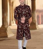 Men's maroon velvet  heavy thread and sequence embroidery embroidery all over  kurta set