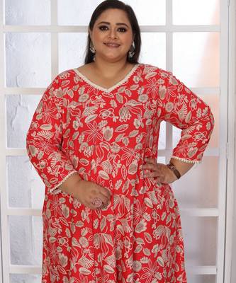 Red rayon embroidered printed plus size kurta for girls 3