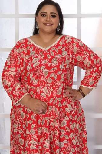 Red rayon embroidered printed plus size kurta for girls