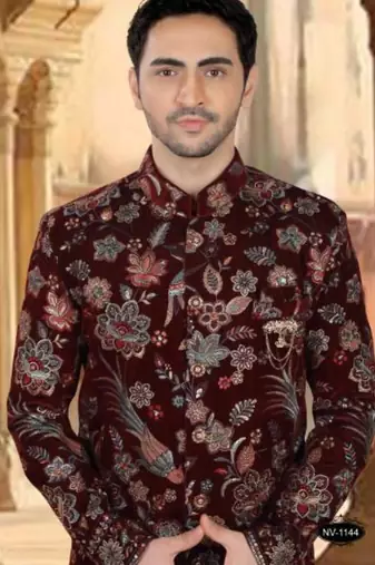 Men's maroon velvet  heavy thread and sequence embroidery embroidery all over  kurta set