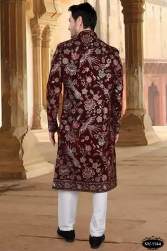 Men's maroon velvet  heavy thread and sequence embroidery embroidery all over  kurta set