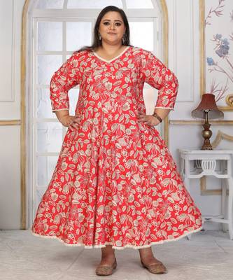 Red rayon embroidered printed plus size kurta for girls 4