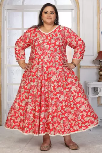 Red rayon embroidered printed plus size kurta for girls