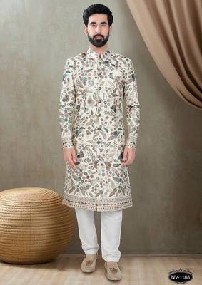 Men's cream silk blend thread and sequence embroidery all over kurta set 1