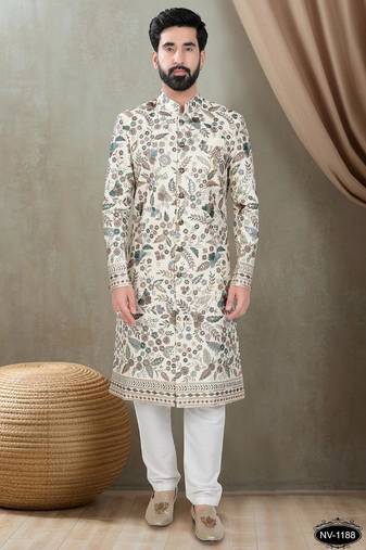 Men's cream silk thread and sequence embroidery all over  kurta set