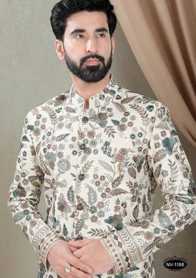 Men's cream silk blend thread and sequence embroidery all over kurta set 2
