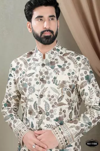Men's cream silk thread and sequence embroidery all over  kurta set