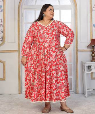 Red rayon embroidered printed plus size kurta for girls 5