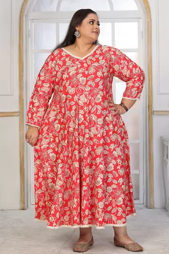 Red rayon embroidered printed plus size kurta for girls