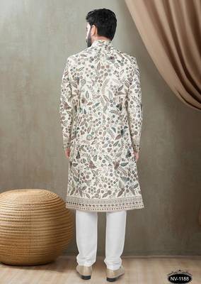 Men's cream silk blend thread and sequence embroidery all over kurta set 3