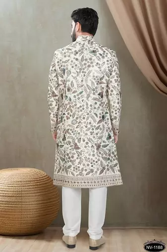 Men's cream silk thread and sequence embroidery all over  kurta set