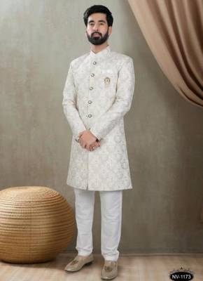 Men's off white silk blend thread and sequence embroidery all over kurta set 1