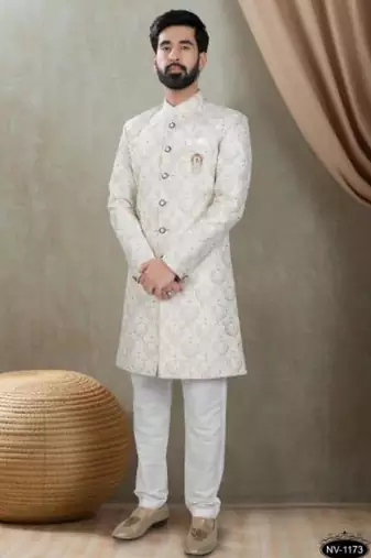 Men's off white  silk thread and sequence embroidery all over  kurta set