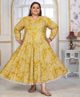 Mustard rayon embroidered printed plus size kurta for girls 1