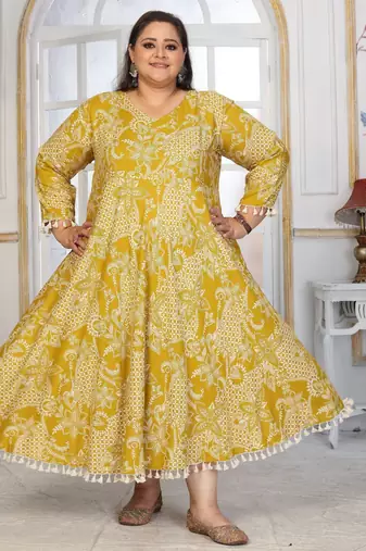 Mustard rayon embroidered printed plus size kurta for girls