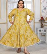 Mustard rayon embroidered printed plus size kurta for girls