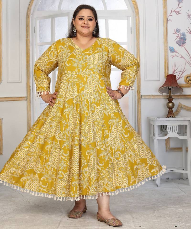 Mustard rayon embroidered printed plus size kurta for girls