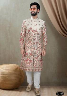 Men's cream and red  silk red colour heavy thread embroidery all over  kurta set 1