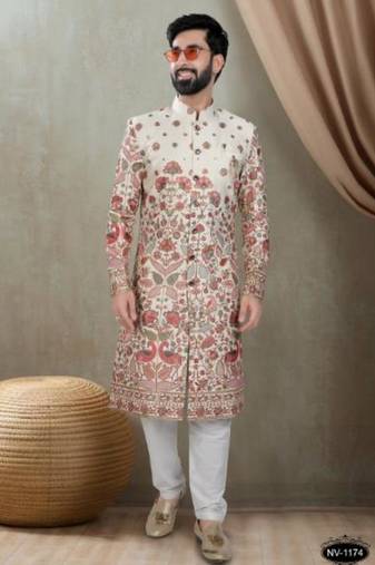Men's cream and red  silk red colour heavy thread embroidery all over  kurta set