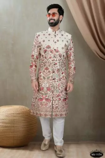 Men's cream and red  silk red colour heavy thread embroidery all over  kurta set