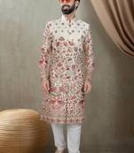 Men's cream and red  silk red colour heavy thread embroidery all over  kurta set