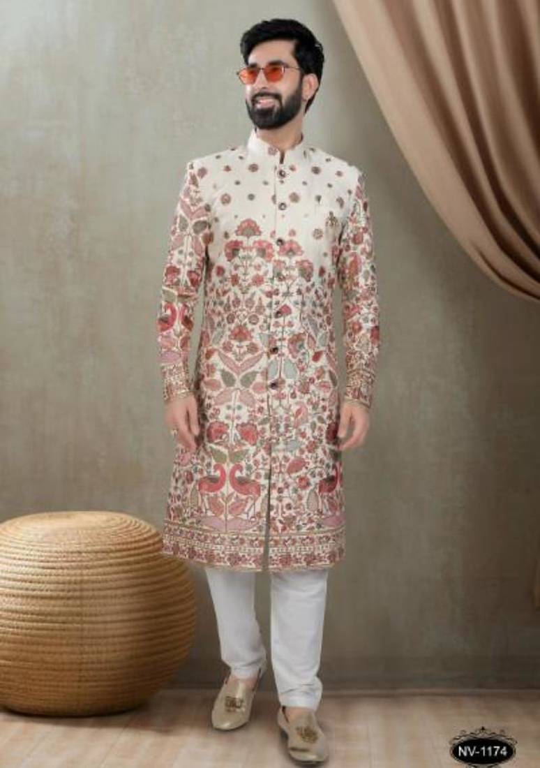 Men's cream and red  silk red colour heavy thread embroidery all over  kurta set