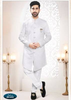 Men's cream  silk blend heavy thread and sequence embroidery all over kurta set 1