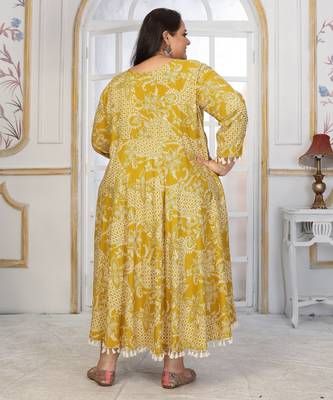 Mustard rayon embroidered printed plus size kurta for girls 2