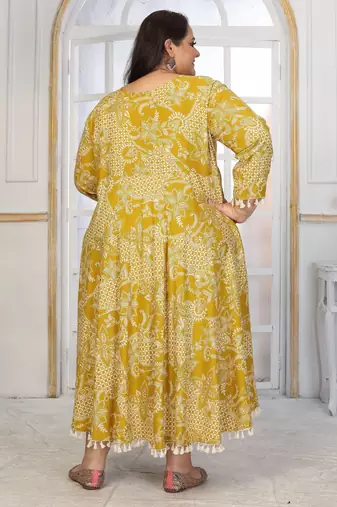 Mustard rayon embroidered printed plus size kurta for girls