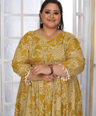 Mustard rayon embroidered printed plus size kurta for girls 3