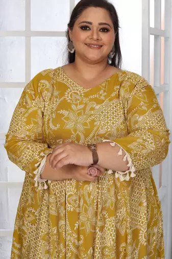 Mustard rayon embroidered printed plus size kurta for girls