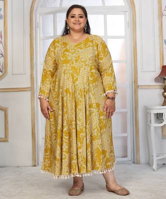 Mustard rayon embroidered printed plus size kurta for girls 4