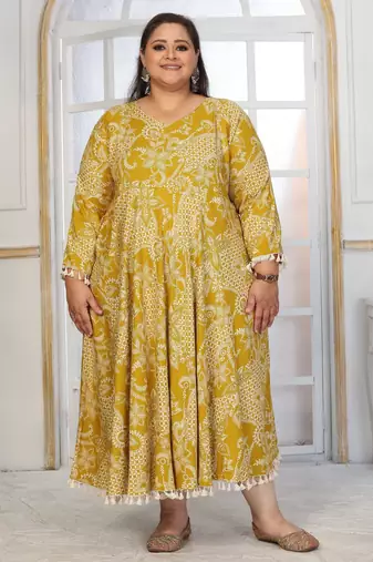 Mustard rayon embroidered printed plus size kurta for girls
