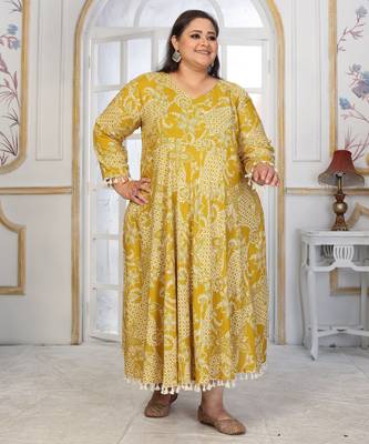 Mustard rayon embroidered printed plus size kurta for girls 5