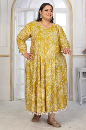 Mustard rayon embroidered printed plus size kurta for girls