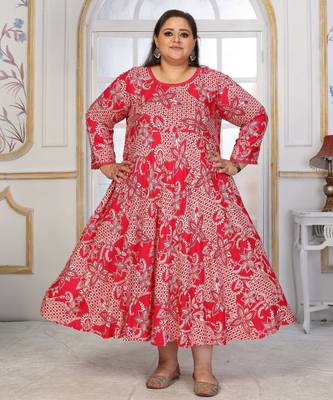 Pink rayon embroidered printed plus size kurta for girls 1