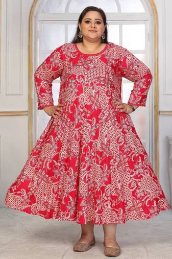 Pink rayon embroidered printed plus size kurta for girls