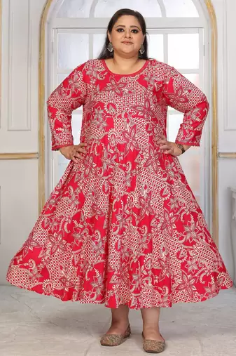 Pink rayon embroidered printed plus size kurta for girls