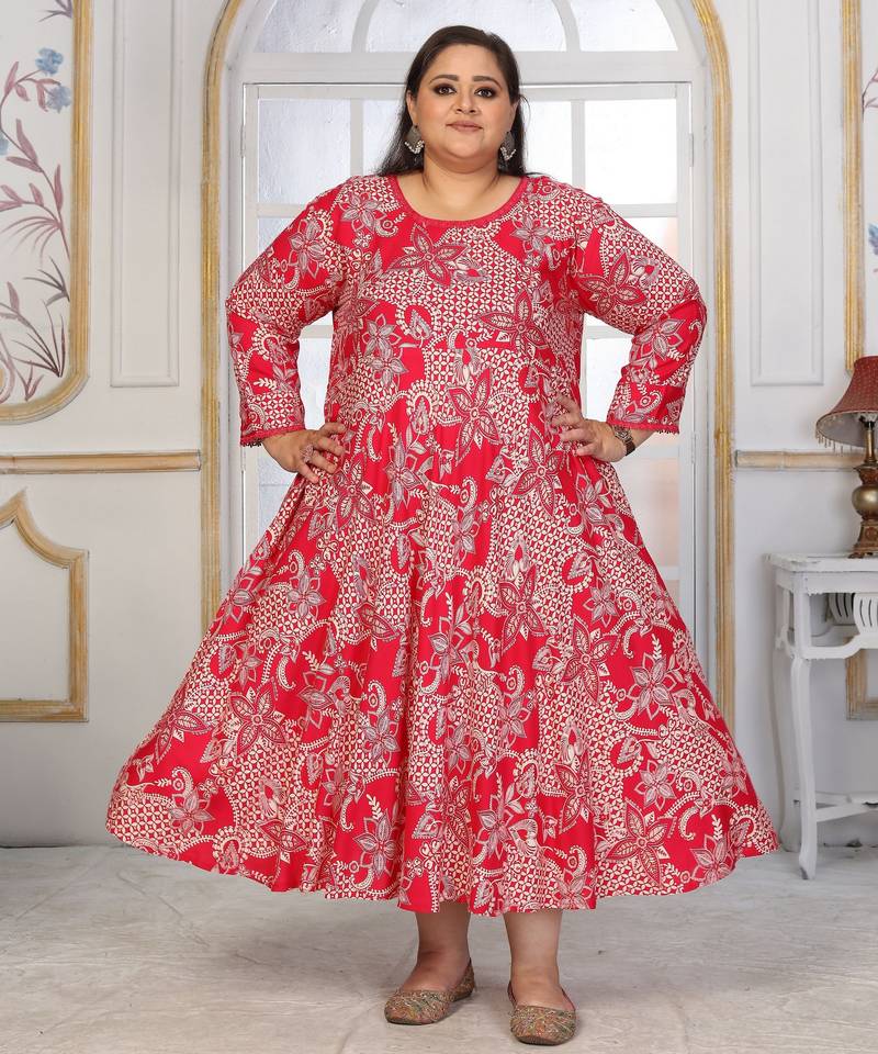 Pink rayon embroidered printed plus size kurta for girls