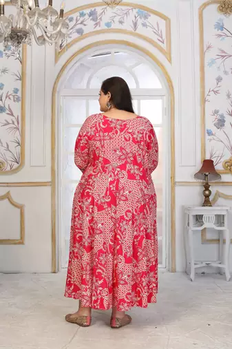 Pink rayon embroidered printed plus size kurta for girls