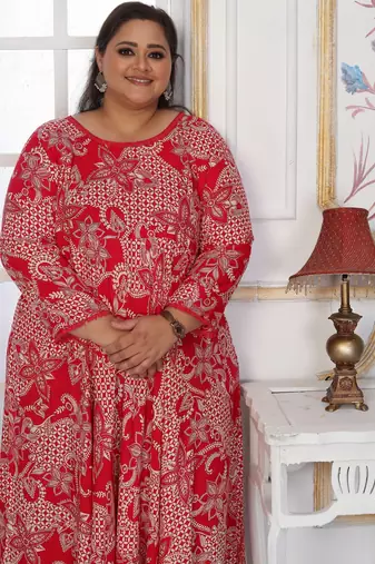Pink rayon embroidered printed plus size kurta for girls