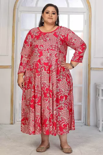 Pink rayon embroidered printed plus size kurta for girls