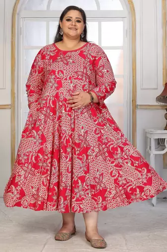 Pink rayon embroidered printed plus size kurta for girls