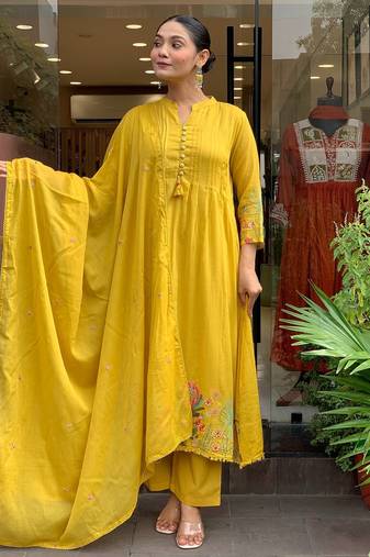 Mustard chanderi silk embroidered ceremonial readymade kurta set with dupatta
