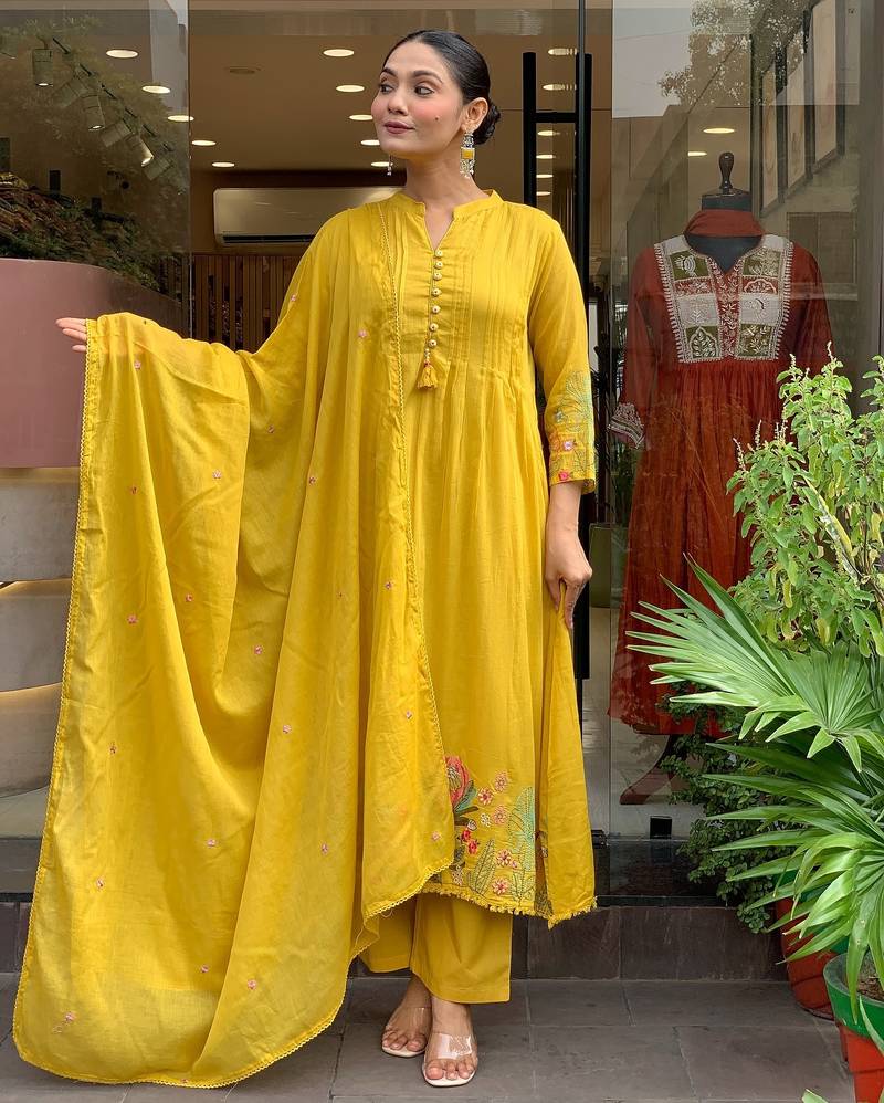 Mustard chanderi silk embroidered ceremonial readymade kurta set with dupatta
