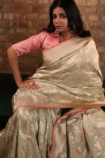 green hand woven katan silk blend zari woven all seasons sarees