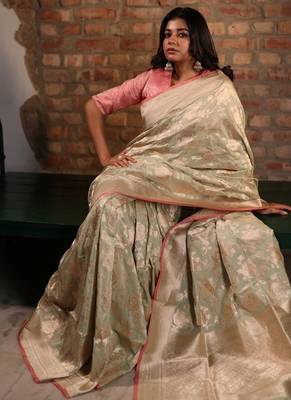 green hand woven katan silk blend zari woven all seasons sarees 3